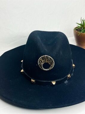Wool Black Wide Brim Fedora Hat with Gold Studs
